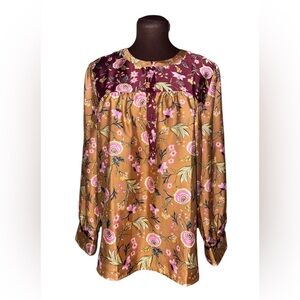 ANN TAYLOR LOFT Gold Burgundy Pink Floral Long Sleeve Blouse Top Shirt Large